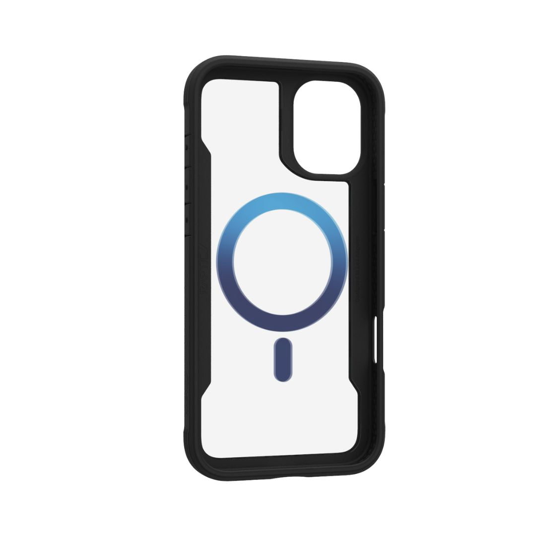 A black and white Raptic iPhone 16 Series Case - Shield 2.0 featuring a blue circle logo in the center, designed for lightweight protection and MagSafe Ready compatibility.