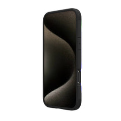 A black and minimalistic wavy patterned smartphone screen, encased in a sleek, straightforward black protective case. The Raptic iPhone 16 Series Case - Shield 2.0 ensures both style and functionality for your iPhone 16 Pro Max, offering robust protection while maintaining an elegant appearance with MagSafe readiness.