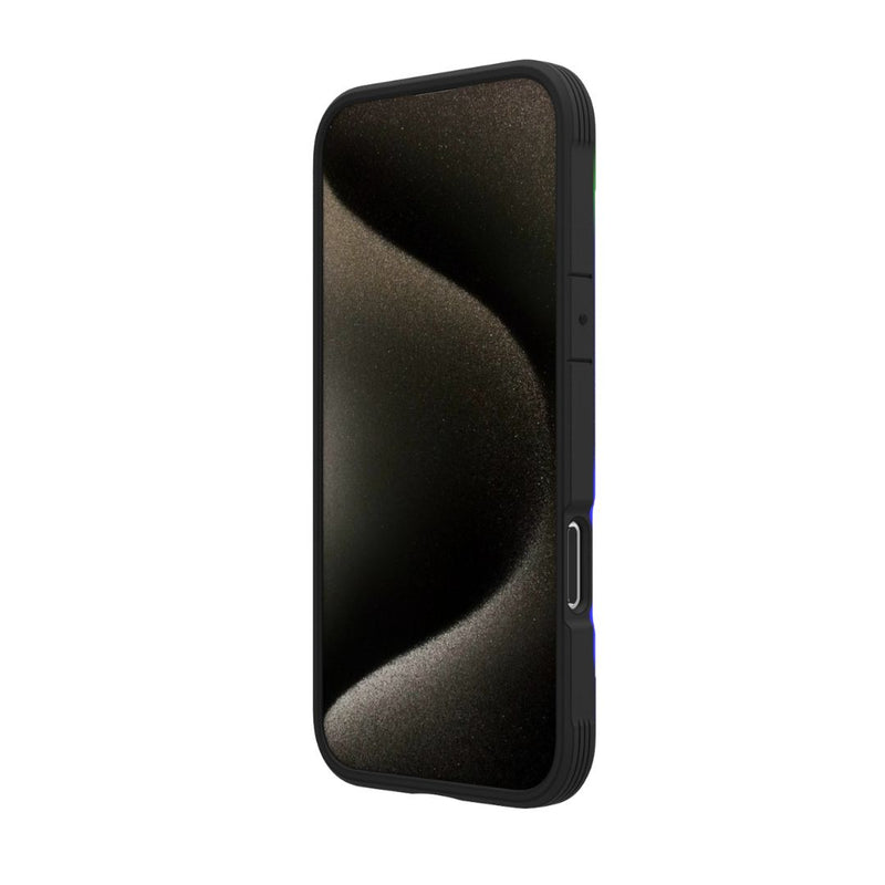 A black and minimalistic wavy patterned smartphone screen, encased in a sleek, straightforward black protective case. The Raptic iPhone 16 Series Case - Shield 2.0 ensures both style and functionality for your iPhone 16 Pro Max, offering robust protection while maintaining an elegant appearance with MagSafe readiness.