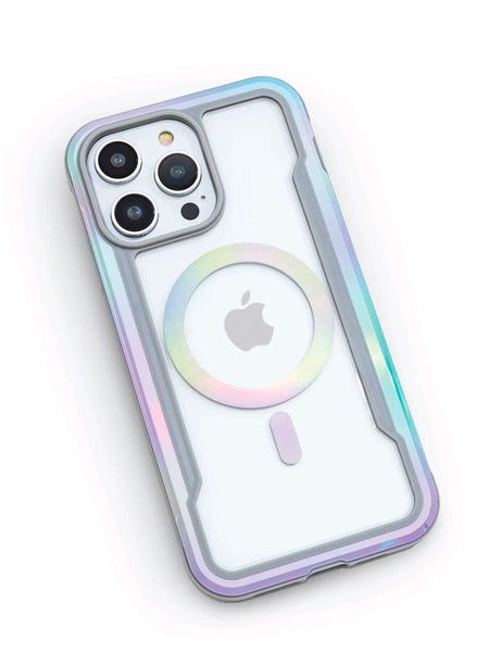 A smartphone in a Raptic Shield 2.0 case for the iPhone 16 Pro Max, featuring three rear cameras and the Apple logo on the back, with a white design accented by a multicolored border, offers MagSafe Ready lightweight protection.