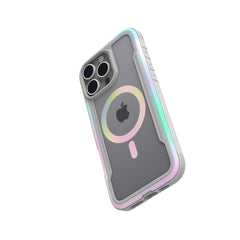 Raptic's iPhone 16 Series Case - Shield 2.0 encases an iPhone 16 Pro Max with lightweight protection, featuring a multi-colored trim and a matching circular design on the back. The device showcases three camera lenses and the Apple logo.