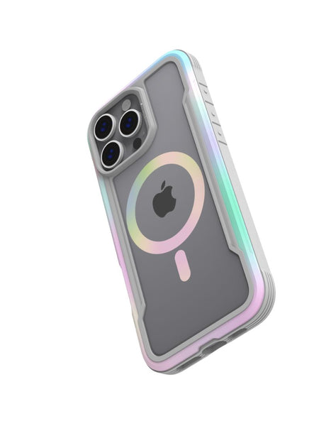 Raptic's iPhone 16 Series Case - Shield 2.0 encases an iPhone 16 Pro Max with lightweight protection, featuring a multi-colored trim and a matching circular design on the back. The device showcases three camera lenses and the Apple logo.
