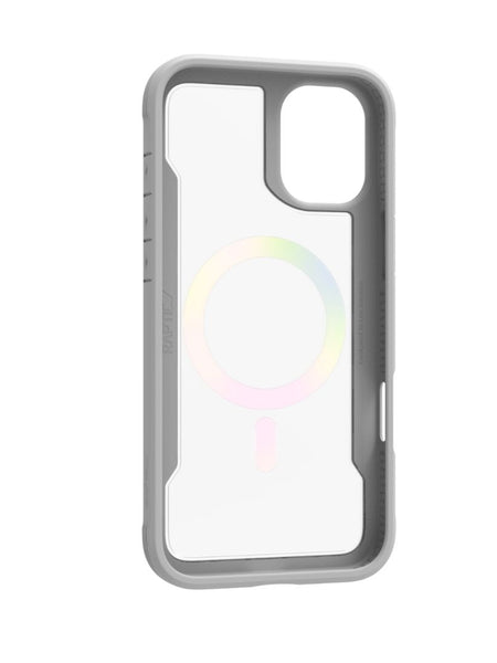 The Raptic iPhone 16 Series Case - Shield 2.0 is a transparent, lightweight smartphone case featuring a grey border and an integrated circular pattern on the back, specifically designed for the iPhone 16 Pro Max's triple-lens camera layout. It is MagSafe Ready for seamless compatibility with wireless chargers.