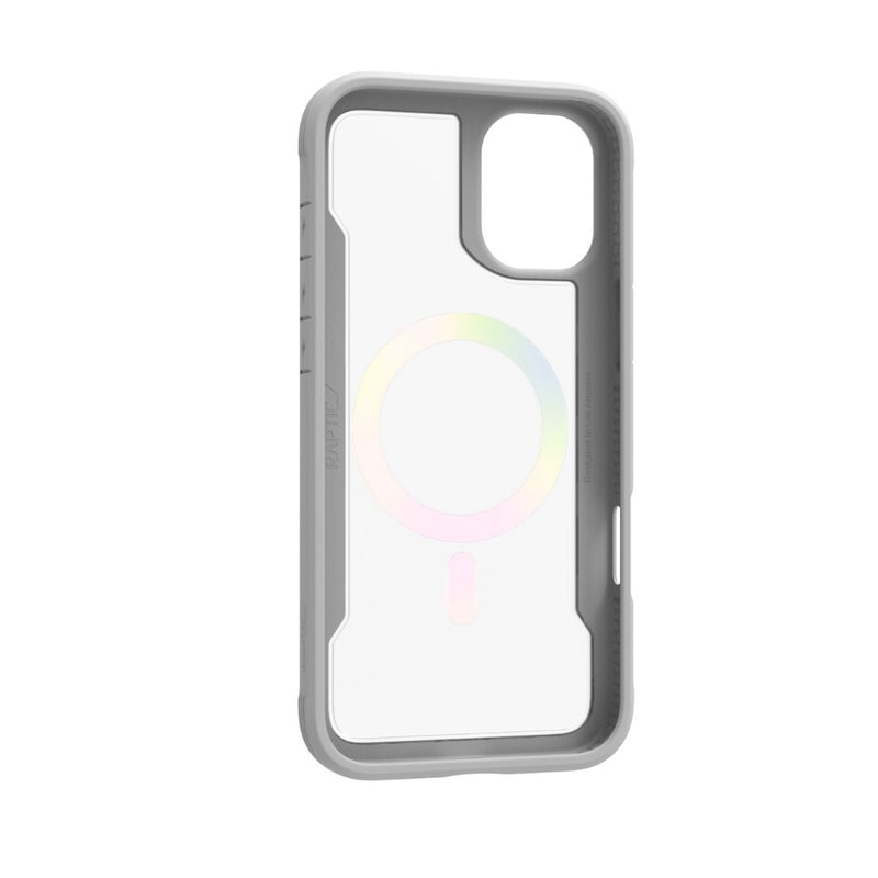 The Raptic iPhone 16 Series Case - Shield 2.0 is a transparent, lightweight smartphone case featuring a grey border and an integrated circular pattern on the back, specifically designed for the iPhone 16 Pro Max's triple-lens camera layout. It is MagSafe Ready for seamless compatibility with wireless chargers.