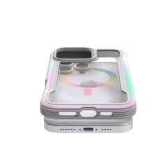 A Raptic iPhone 16 Series Case - Shield 2.0 with a clear cover featuring a colorful ring design, stacked horizontally against a white background. The phone camera and charging port are visible, showcasing the vibrant MagSafe Ready protection.