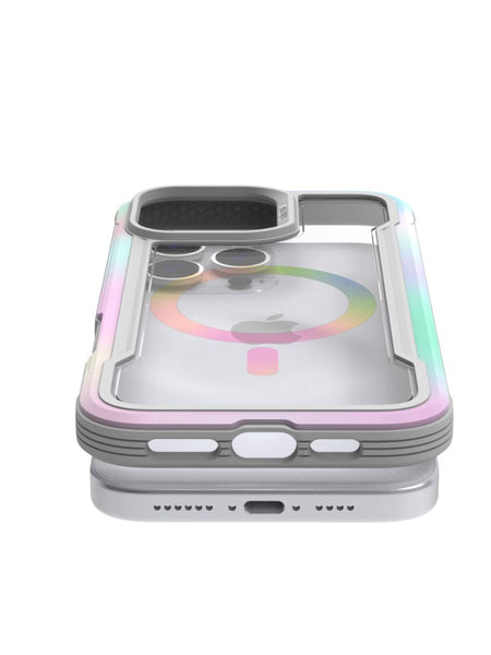 A Raptic iPhone 16 Series Case - Shield 2.0 with a clear cover featuring a colorful ring design, stacked horizontally against a white background. The phone camera and charging port are visible, showcasing the vibrant MagSafe Ready protection.