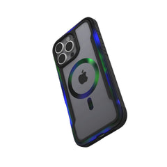 A smartphone with a transparent protective case displaying a circular MagSafe design on the back and featuring a triple camera setup with an LED flash. The iPhone 16 Series Case - Shield 2.0 from Raptic ensures it's MagSafe Ready for seamless connectivity and robust protection.