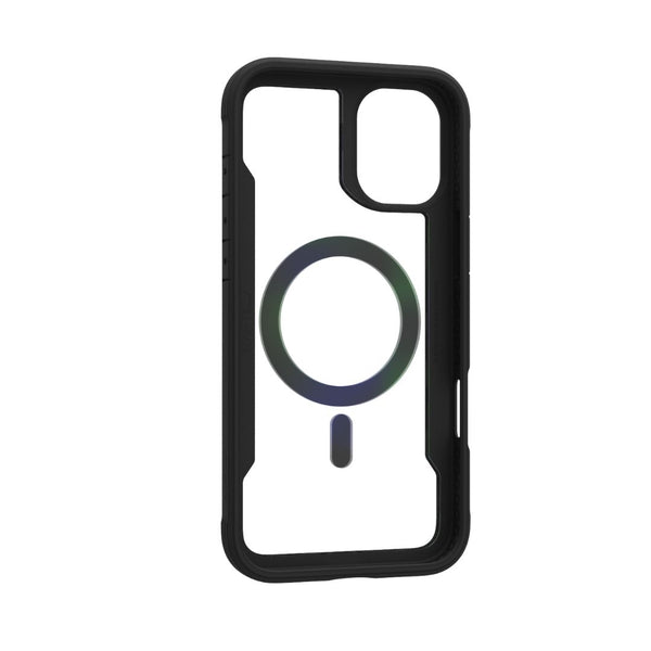 The Raptic iPhone 16 Series Case - Shield 2.0 offers lightweight protection with its clear design and black bumper, featuring a circular pattern in the center and an open area for the camera. This stylish case is also MagSafe ready, ensuring both convenience and flair.