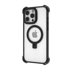 The Raptic iPhone 16 Shield Impact Case - Dual Impact is a black-bordered, transparent case designed specifically for the iPhone 16 Plus. It features a visible Apple logo and a circular ring holder on the back. Tailored for smartphones with three rear camera lenses, this case provides robust drop protection while being MagSafe compatible for enhanced convenience.