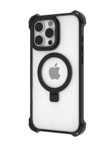 The Raptic iPhone 16 Shield Impact Case - Dual Impact is a black-bordered, transparent case designed specifically for the iPhone 16 Plus. It features a visible Apple logo and a circular ring holder on the back. Tailored for smartphones with three rear camera lenses, this case provides robust drop protection while being MagSafe compatible for enhanced convenience.