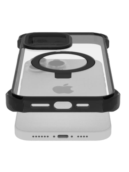 A transparent Raptic iPhone 16 Shield Impact Case - Dual Impact with black edges rests on a white iPhone 16 Plus, displaying the camera and ports while offering drop protection and MagSafe compatibility.