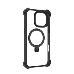 The Raptic iPhone 16 Shield Impact Case - Dual Impact is a rugged black case with a transparent back, featuring MagSafe compatibility and an integrated circular magnet holder for secure attachment. Enjoy robust drop protection with this well-designed accessory.