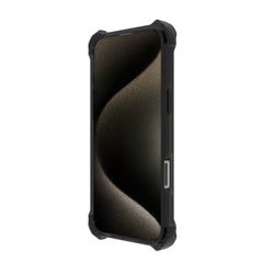 A Raptic iPhone 16 Shield Impact Case - Dual Impact in rugged black, offering drop protection and featuring a metallic-looking abstract wallpaper, is displayed against a white background.