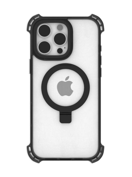 A black Raptic iPhone 16 Shield Impact Case - Dual Impact with a MagSafe ring and Apple logo on the back, featuring drop protection and designed for an iPhone with a triple-camera setup.