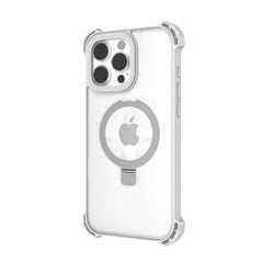 A close-up view of the Raptic iPhone 16 Shield Impact Case - Dual Impact reveals its transparent design, metallic ring, and precise cutouts for the camera and buttons. The case is MagSafe compatible and features reinforced corners for enhanced drop protection.