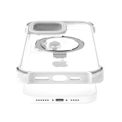 An iPhone 16 Shield Impact Case - Dual Impact from Raptic, featuring a clear design with an attached silver ring holder, is displayed on top of a white smartphone. This case provides drop protection and MagSafe compatibility.