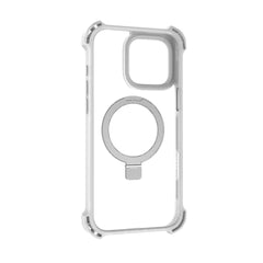 The Raptic iPhone 16 Shield Impact Case - Dual Impact is a transparent case with reinforced corners for exceptional drop protection, featuring a circular ring holder in the center of the back and MagSafe compatibility.