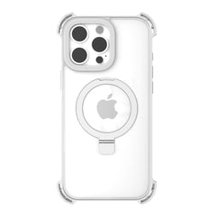 Raptic's iPhone 16 Shield Impact Case - Dual Impact in white comes with a built-in ring holder, cutouts for three camera lenses, and an Apple logo on the back. This MagSafe compatible case also features drop protection to keep your device secure.