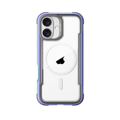 A clear protective phone case, the iPhone 16 Series Case - Shield by Raptic, showcases the Apple logo on the back of an iPhone, revealing dual rear cameras and ensuring wireless charging compatibility.