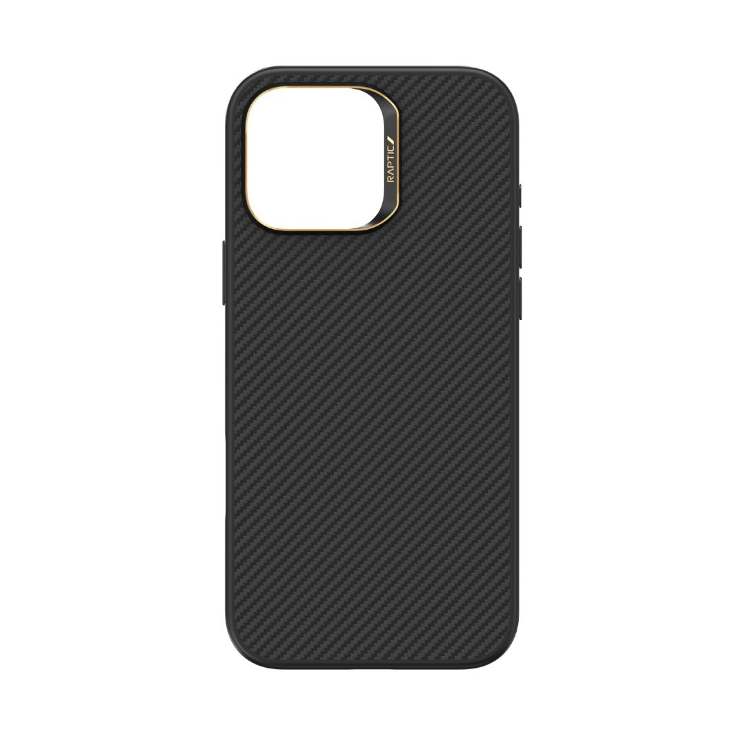 A black aramid fiber phone case by Raptic, designed for iPhone 16 Pro & 16 Pro Max, featuring anti-fingerprint technology and a camera cutout with gold accents, is displayed on a white background.