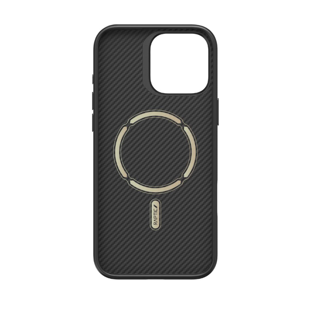 A Raptic Aramid Fibre case for the iPhone 16 Pro & 16 Pro Max, featuring a black textured surface and a circular metallic ring in the center, with anti-fingerprint technology.