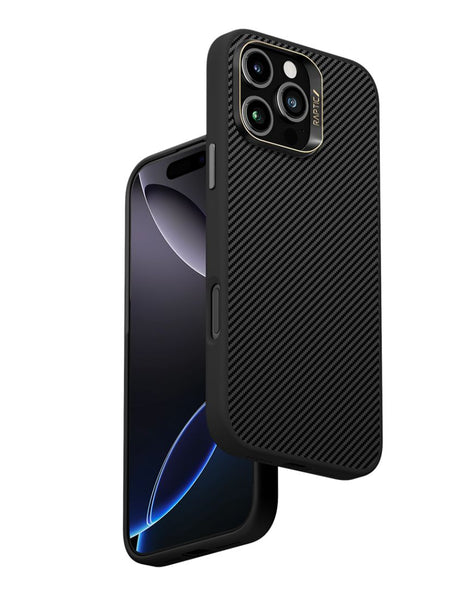 Raptic's Aramid Case for iPhone 16 Pro & 16 Pro Max is a black case with a textured back and anti-fingerprint technology, crafted for phones with three camera lenses and a dark screen showing blue light reflections.