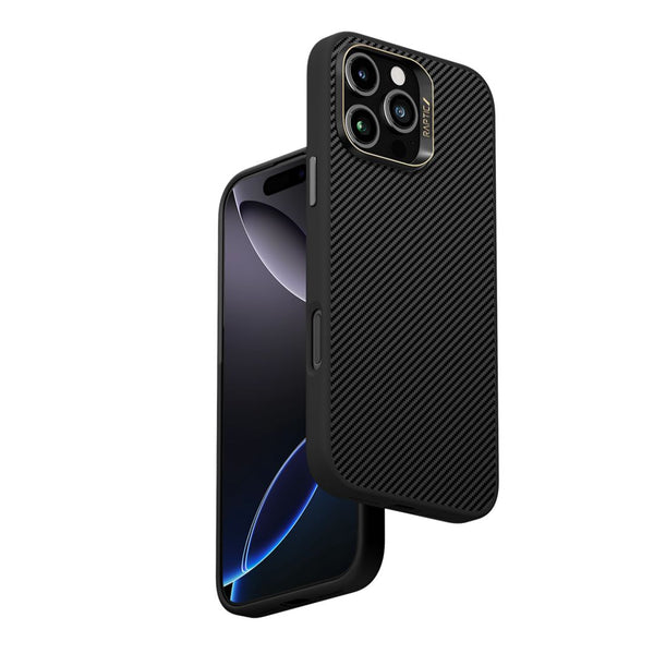 Displayed are two Aramid Fibre Cases in black with textured patterns from Raptic, each shown with a phone inside. The phones display dark screens enhanced by blue arcs. These cases, designed for the iPhone 16 Pro and 16 Pro Max, feature anti-fingerprint technology for a pristine appearance and are MagSafe compatible for effortless charging.