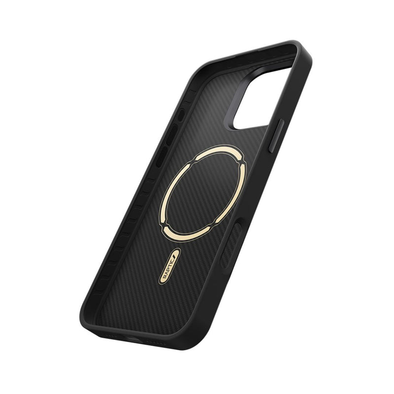 Introducing the Raptic Aramid Fibre Case for iPhone 16 Pro & 16 Pro Max, featuring an elegant black design with a gold ring on the back and a precise camera cutout. This case incorporates advanced anti-fingerprint technology and is MagSafe compatible for hassle-free charging.