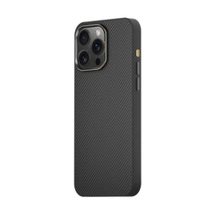 A Raptic Aramid smartphone case designed for the iPhone 16 Pro and 16 Pro Max, featuring a black aramid fiber finish with a textured back, gold-trimmed camera module accommodating three lenses, and anti-fingerprint technology for a pristine appearance.