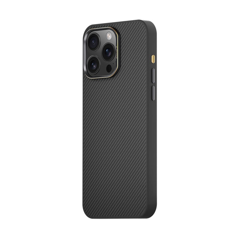 A Raptic Aramid smartphone case designed for the iPhone 16 Pro and 16 Pro Max, featuring a black aramid fiber finish with a textured back, gold-trimmed camera module accommodating three lenses, and anti-fingerprint technology for a pristine appearance.