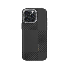 The Raptic iPhone 16 Pro Aramid Fibre Case offers drop protection with a carbon fiber pattern. It's designed for three camera lenses and is MagSafe compatible, combining style and functionality.