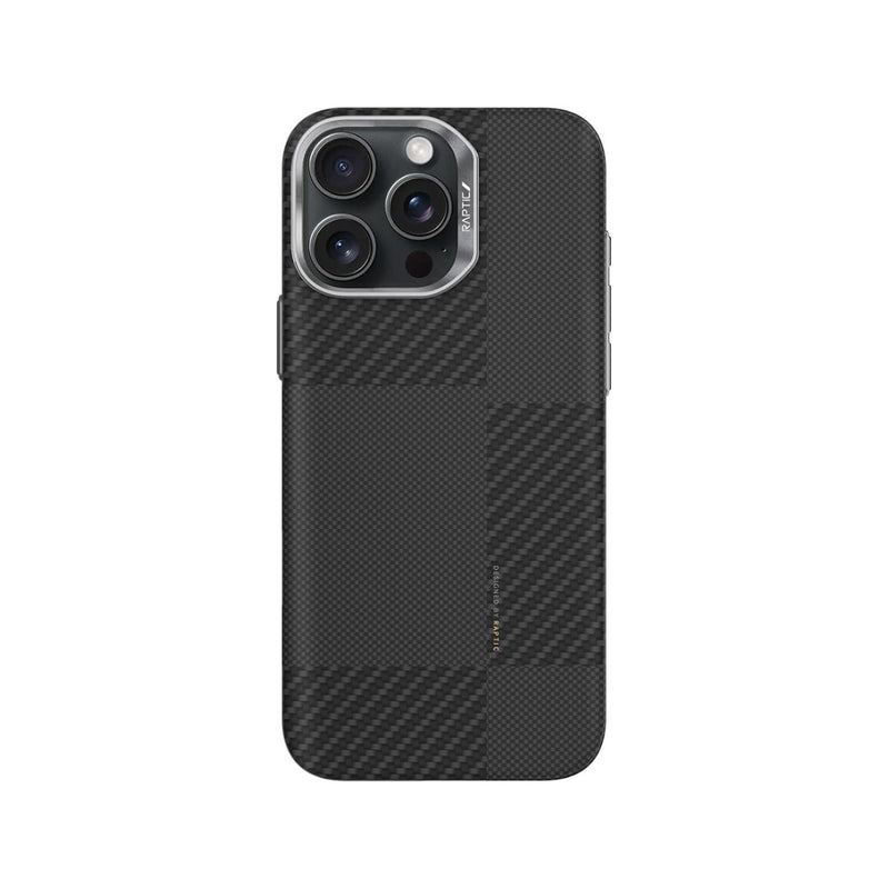 The Raptic iPhone 16 Pro Aramid Fibre Case offers drop protection with a carbon fiber pattern. It's designed for three camera lenses and is MagSafe compatible, combining style and functionality.