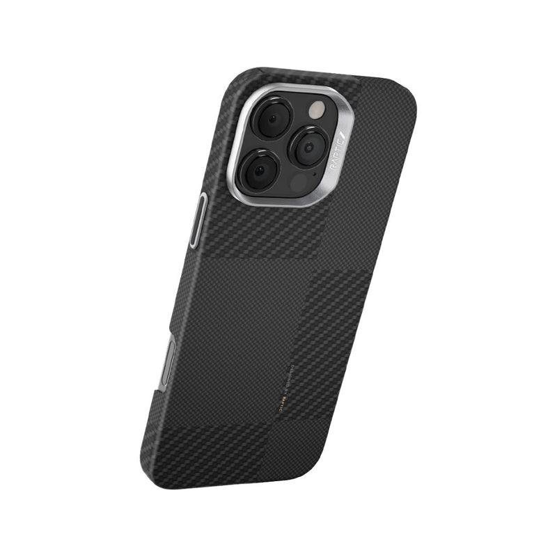 The Raptic iPhone 16 Pro Aramid Fibre Case boasts a sleek black carbon-fiber texture, precision cutout for triple cameras, MagSafe compatibility, and exceptional drop protection.