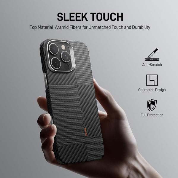 A hand holds the Raptic iPhone 16 Pro Aramid Fibre Case, featuring a carbon fiber-style geometric design. It's anti-scratch, provides full and drop protection, is made of durable aramid fiber for enhanced touch, and ensures seamless connectivity with MagSafe compatibility.