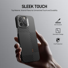 A hand holds an ultra-thin smartphone encased in a sleek Raptic iPhone 16 MagSafe Aramid Case - Croxx. The text highlights its features: anti-scratch, geometric design, and MagSafe compatibility for complete protection.