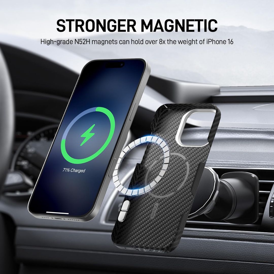 A phone with a charging symbol is mounted on a car vent, next to the ultra-thin Raptic iPhone 16 MagSafe Aramid Case - Croxx featuring a magnet. Text reads: "Stronger Magnetic.