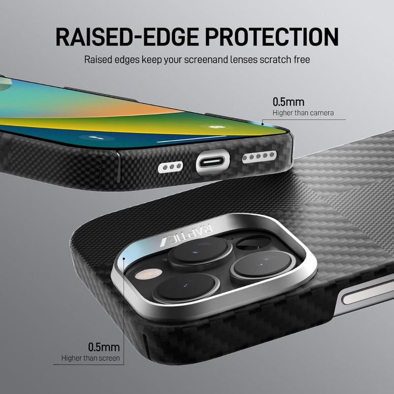 The Raptic iPhone 16 Pro Aramid Fibre Case features a carbon fiber design, MagSafe compatibility, raised edges with 0.5mm elevation for scratch protection on the screen and camera, plus reinforced edges and lens area for reliable drop defense.