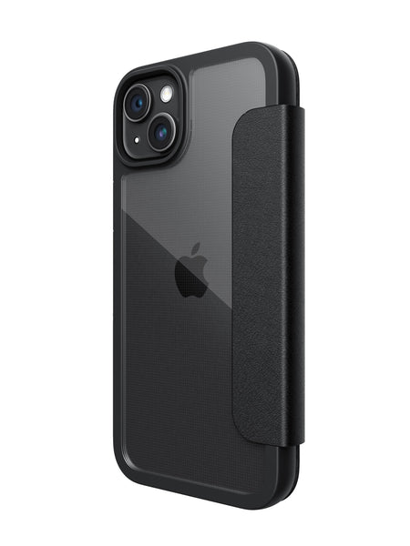 The Raptic Urban Folio iPhone 15 Wallet Case features military-grade drop defense in black.
