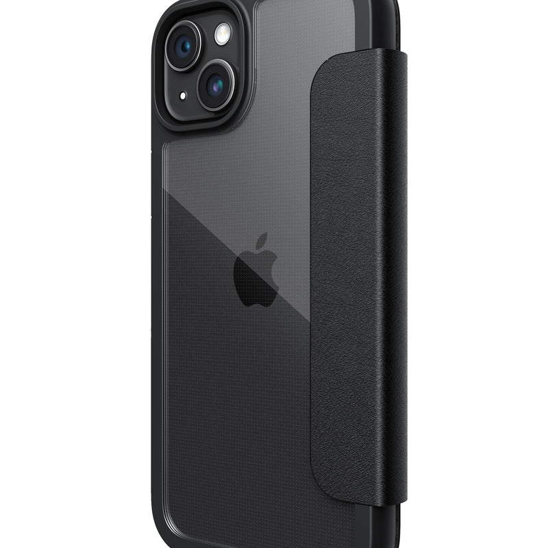 The Raptic Urban Folio iPhone 15 Wallet Case features military-grade drop defense in black.