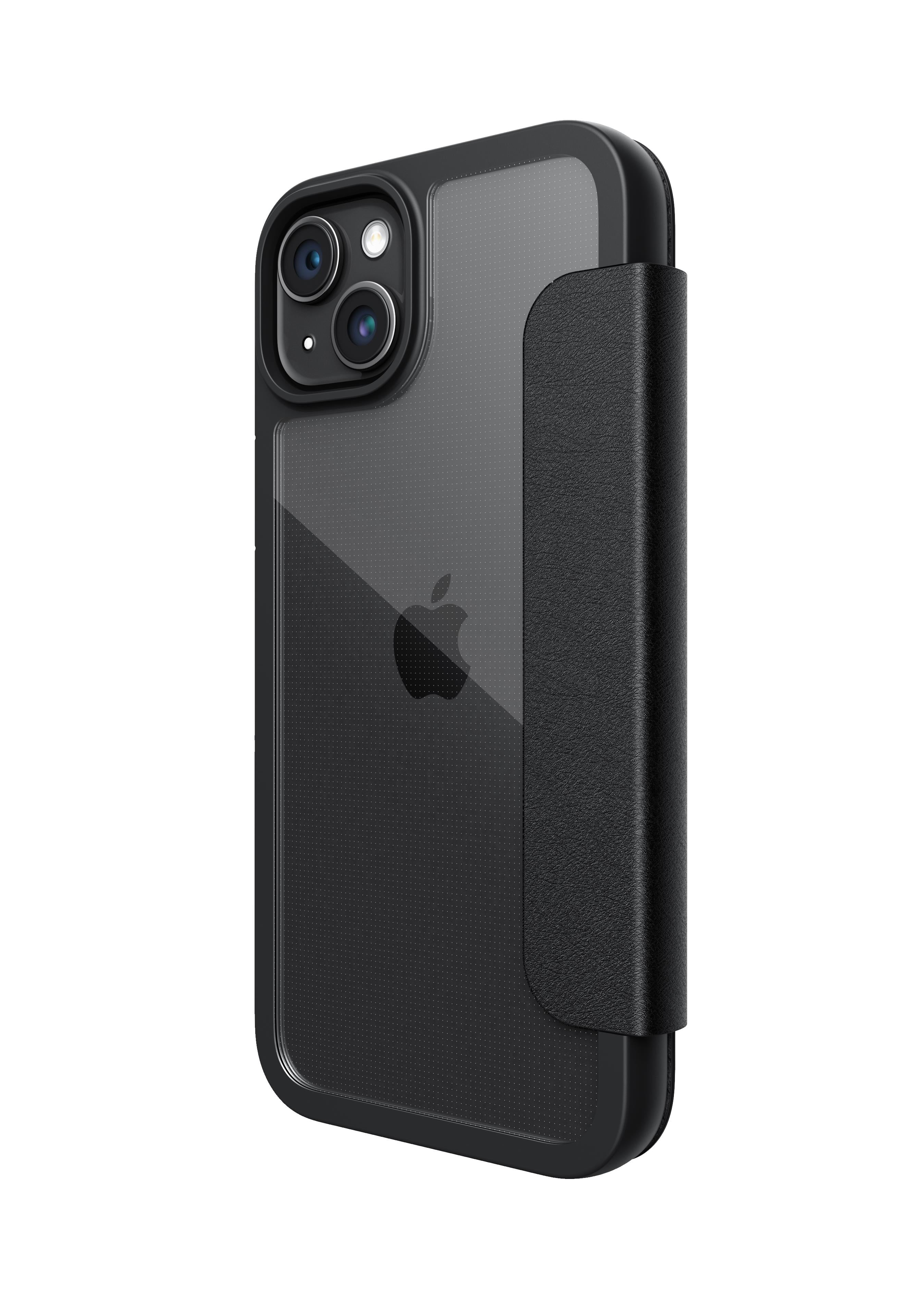 The Raptic Urban Folio iPhone 15 Wallet Case features military-grade drop defense in black.