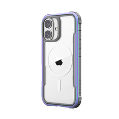 A clear protective phone case with purple accents on an iPhone, the Raptic iPhone 16 Series Case - Shield features visible buttons and camera lenses, 3-meter drop protection, and is compatible with wireless charging.