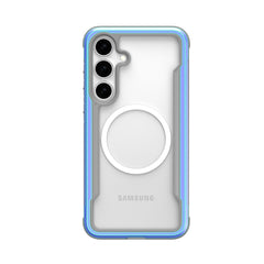 The Raptic SHIELD Samsung Galaxy S25 Case is a clear smartphone case with blue edges, a triple camera cutout, a circular MagSafe-compatible ring on the back, and military-grade drop protection.