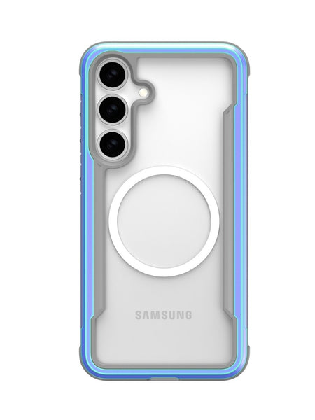 The Raptic SHIELD Samsung Galaxy S25 Case is a clear smartphone case with blue edges, a triple camera cutout, a circular MagSafe-compatible ring on the back, and military-grade drop protection.