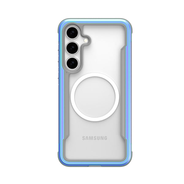 The Raptic SHIELD Samsung Galaxy S25 Case is a clear smartphone case with blue edges, a triple camera cutout, a circular MagSafe-compatible ring on the back, and military-grade drop protection.