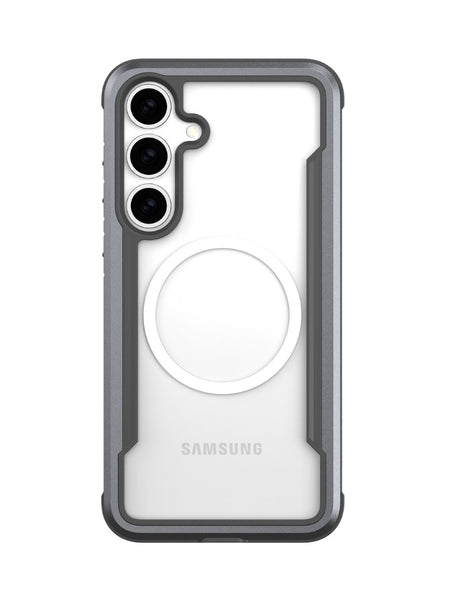 The Raptic Samsung Galaxy S25 Case - SHIELD offers military-grade drop protection with a clear design, black bumper, and three camera cutouts. Its MagSafe-compatible ring ensures both durability and style.