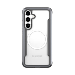 The Raptic Samsung Galaxy S25 Case - SHIELD offers military-grade drop protection with a clear design, black bumper, and three camera cutouts. Its MagSafe-compatible ring ensures both durability and style.