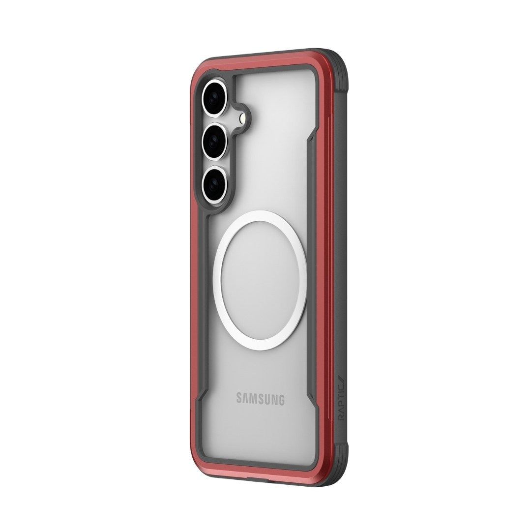 The Raptic Samsung Galaxy S25 Case - SHIELD features a transparent design with red edges and black corners, fits three camera lenses, includes a circular MagSafe ring, and offers military-grade drop protection.