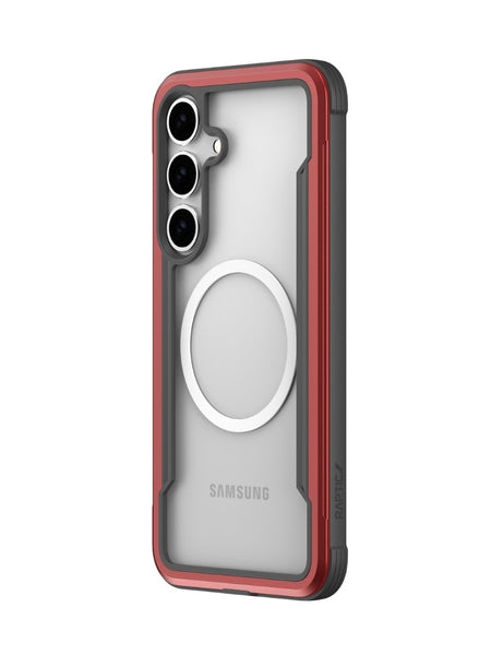 The Raptic Samsung Galaxy S25 Case - SHIELD features a transparent design with red edges and black corners, fits three camera lenses, includes a circular MagSafe ring, and offers military-grade drop protection.