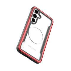 The Raptic Samsung Galaxy S25 SHIELD case boasts a clear back with red trim, three camera openings, military-grade drop protection, and antimicrobial treatment for added hygiene.