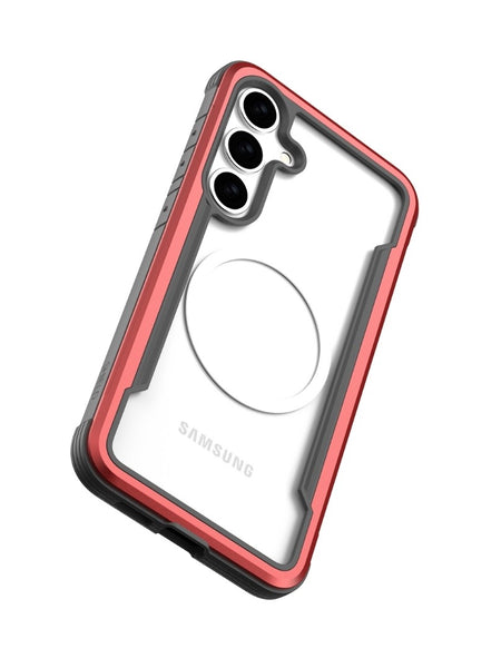 The Raptic Samsung Galaxy S25 SHIELD case boasts a clear back with red trim, three camera openings, military-grade drop protection, and antimicrobial treatment for added hygiene.
